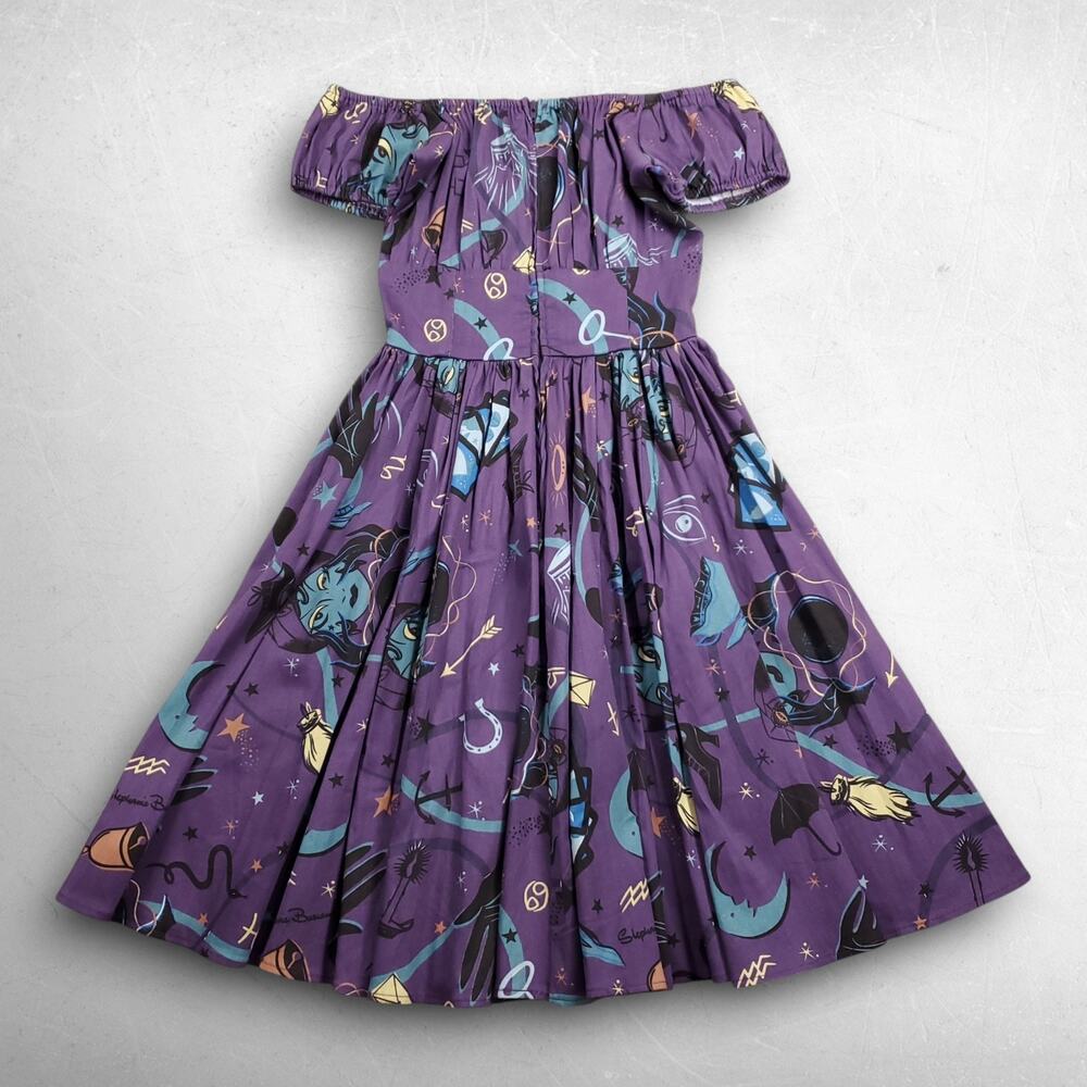 Pinup Couture Fortune Teller Off-Shoulder Fit & Flare Dress XS Purple Pockets - Picture 2 of 8